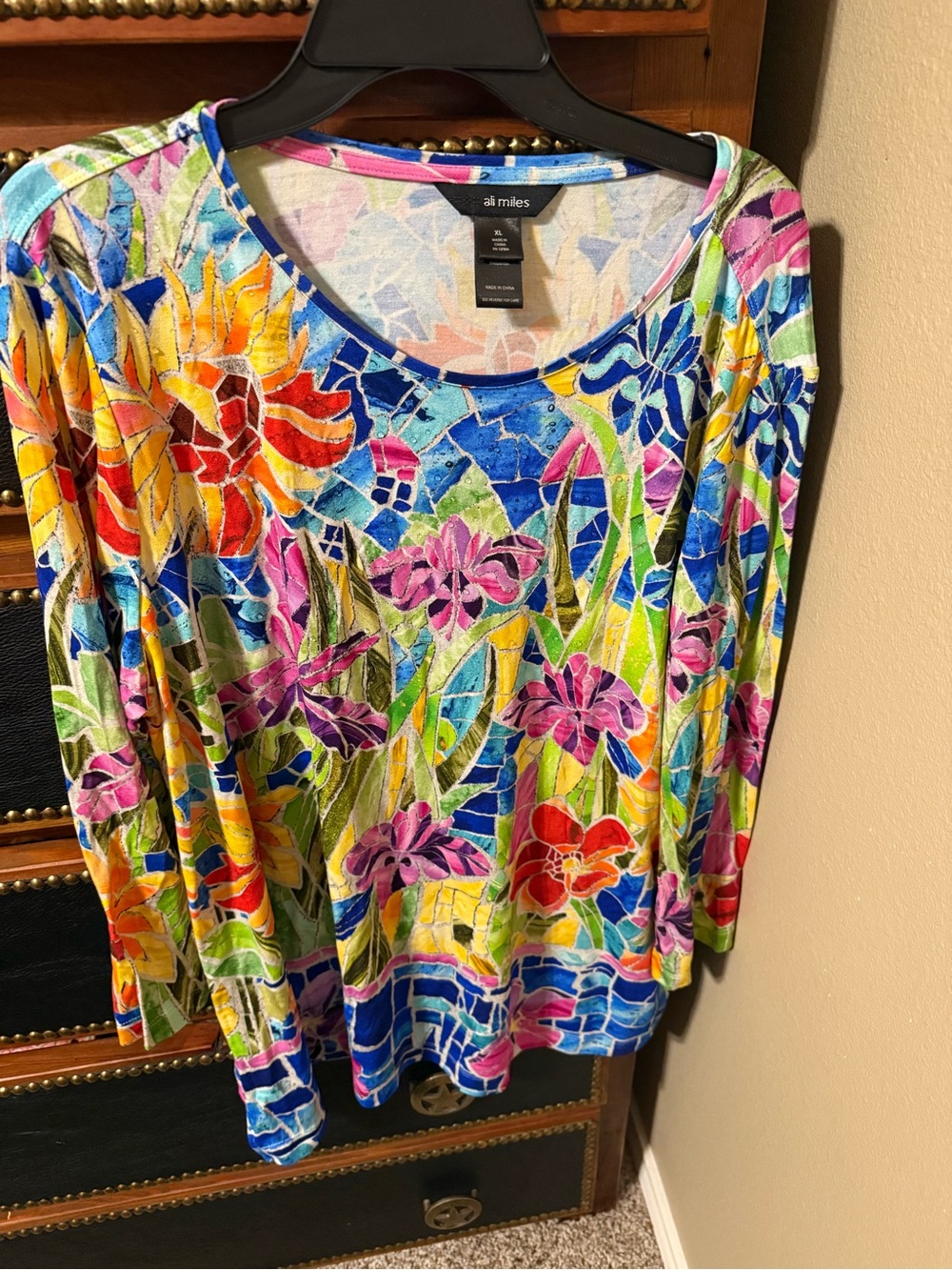 Ali Miles Floral Mosaic Long Sleeve Tunic in Blue, Pink, Yellow & Green